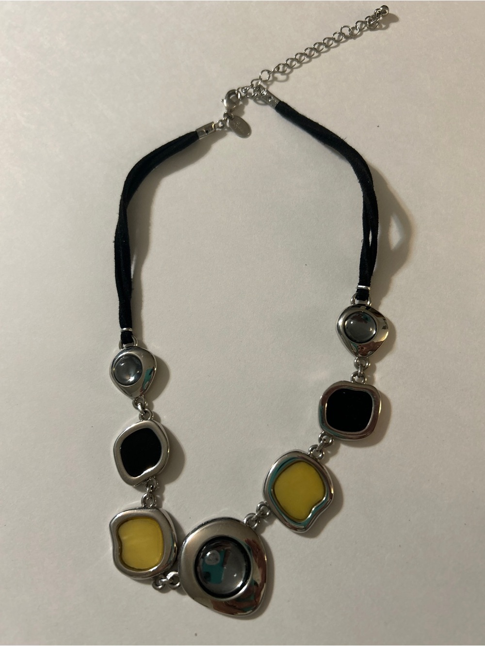Vintage Lia Sophia Signed Geometric Enamel Black Yellow Cord Statement Necklace